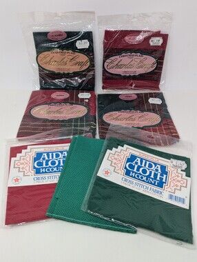Charles Craft Aida Cloth Cross Stitch Fabric Placemats Napkins Red Green Plaid